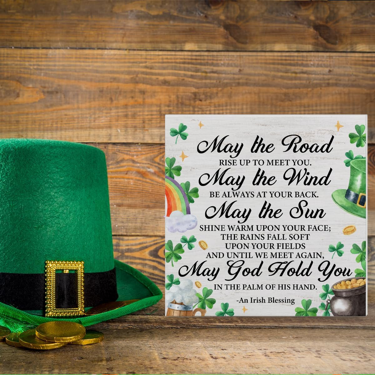 "Bring the Luck Home! Rustic Irish Blessing Wood Sign for St. Patrick's Day – Perfect for Tabletop, Shelf & Desk Decor!" 🍀✨