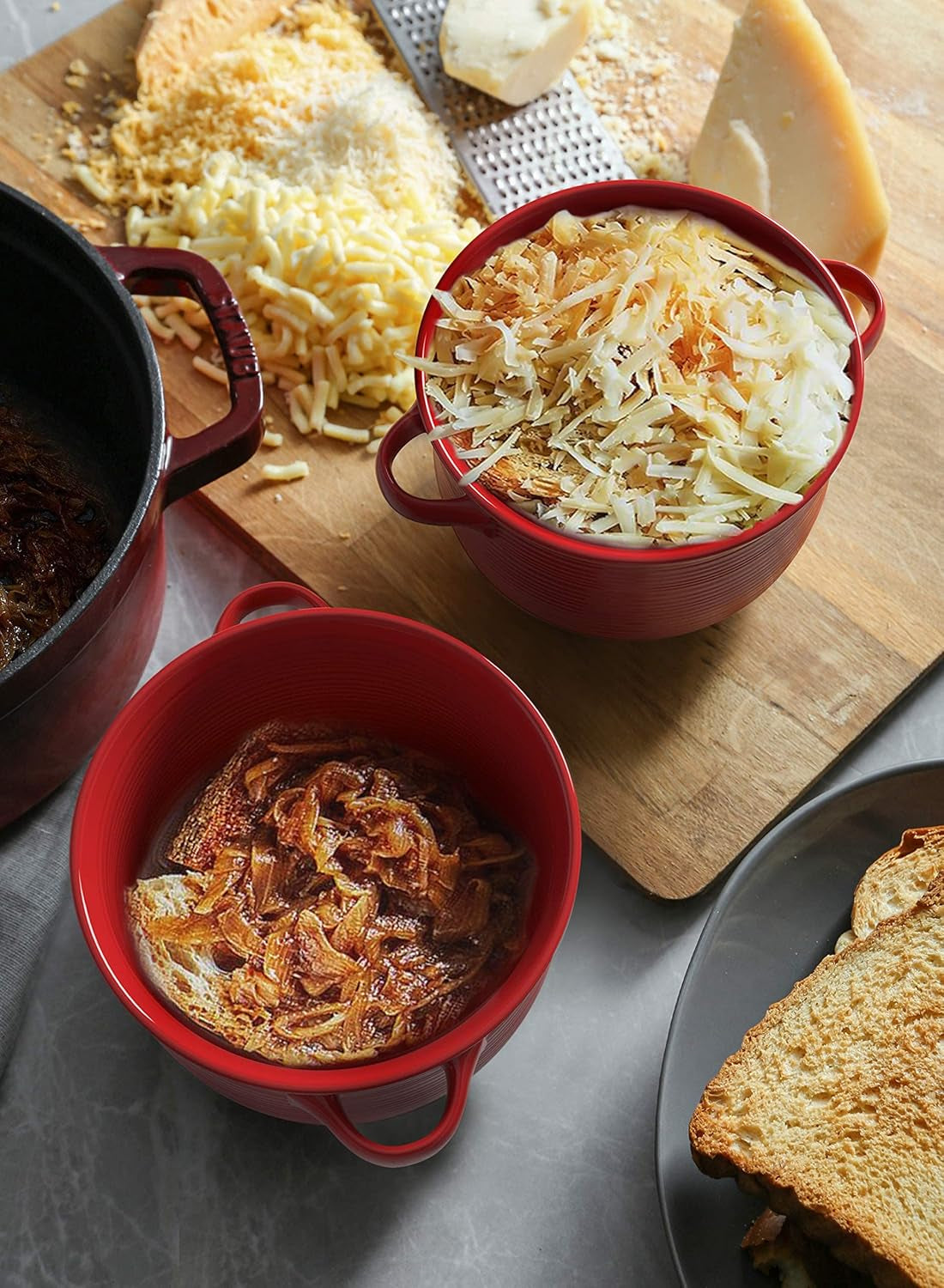 Soup Bowls with Handles – 28oz Ceramic French Onion Soup Bowls, Stackable Set of 4, Oven & Microwave Safe, Red, White