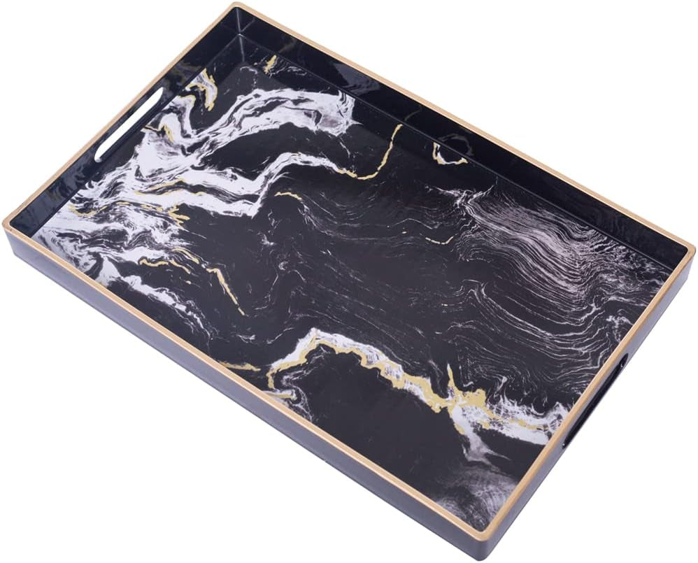 Plastic Decorative Tray, Marbling Tray with Handles, Rectangular Coffee Table Tray, Serving Tray for Ottoman, Bathroom, Kitchen, 15.7” X 11.8”, White