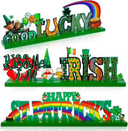 St Patricks Day Wood Sign Decor, 3PCS Irish Themed Table Centerpiece Decoration, Small