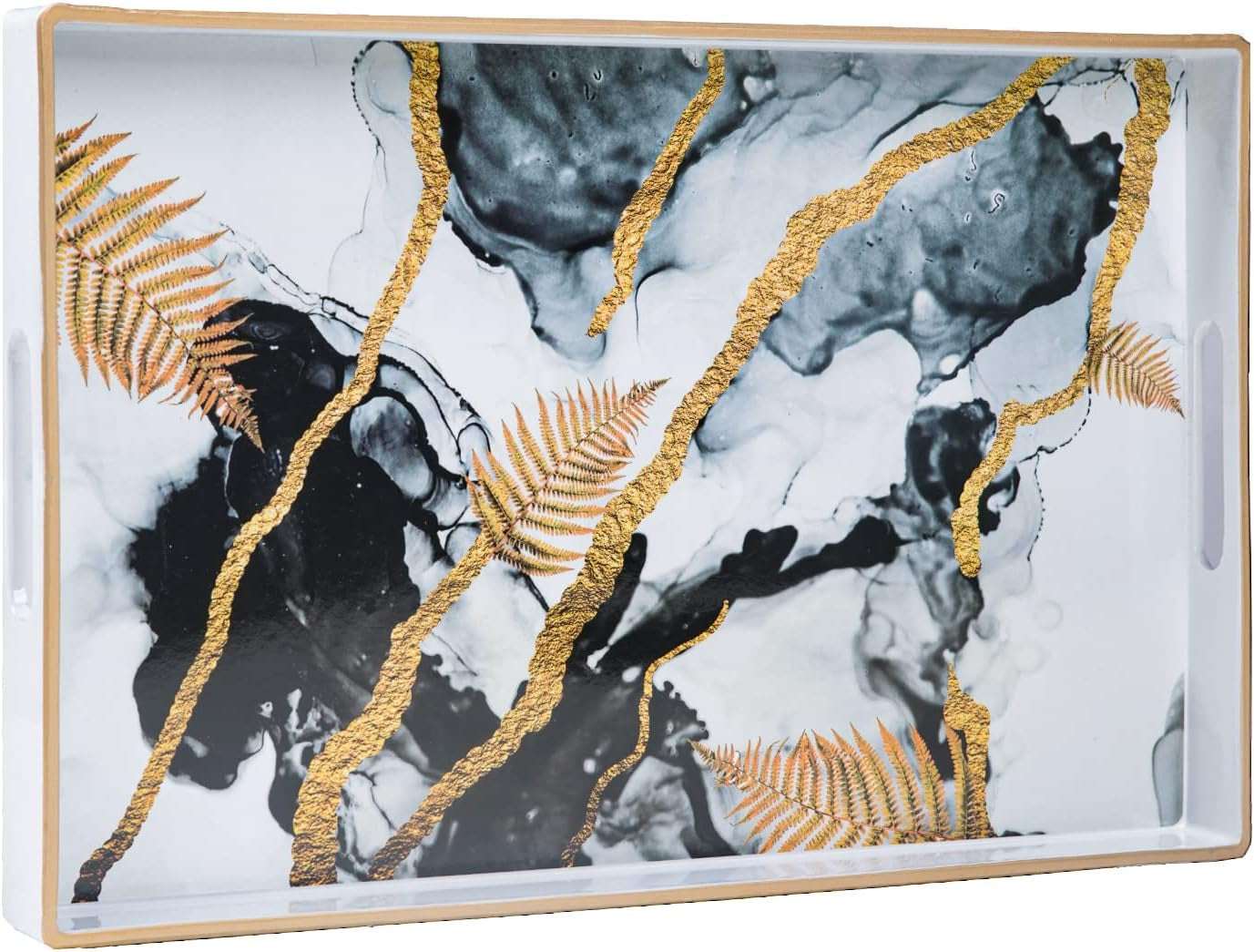 Plastic Decorative Tray, Marbling Tray with Handles, Rectangular Coffee Table Tray, Serving Tray for Ottoman, Bathroom, Kitchen, 15.7” X 11.8”, White