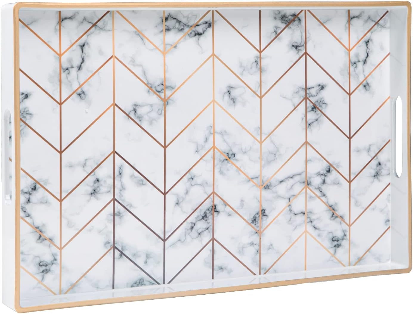 Plastic Decorative Tray, Marbling Tray with Handles, Rectangular Coffee Table Tray, Serving Tray for Ottoman, Bathroom, Kitchen, 15.7” X 11.8”, White