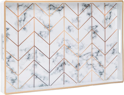 Plastic Decorative Tray, Marbling Tray with Handles, Rectangular Coffee Table Tray, Serving Tray for Ottoman, Bathroom, Kitchen, 15.7” X 11.8”, White