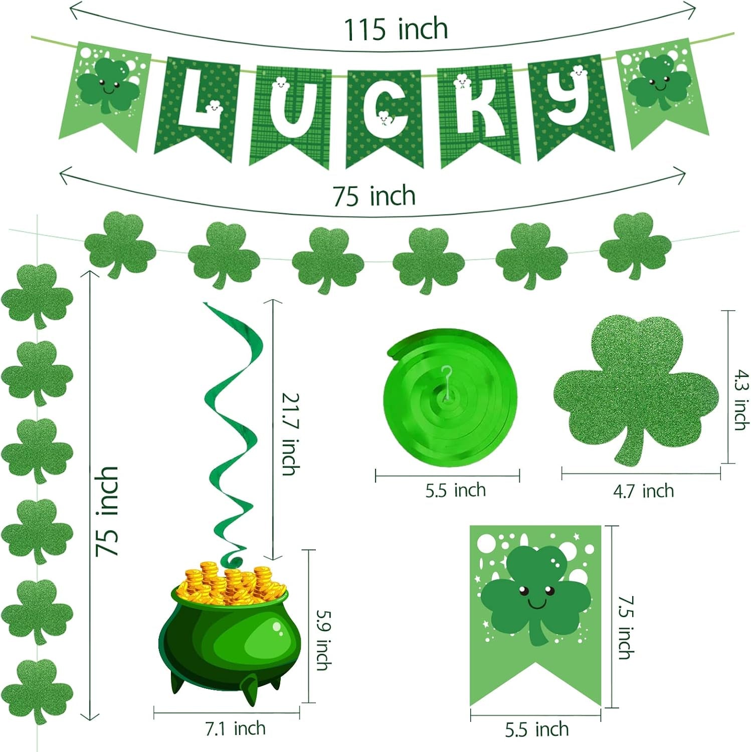 31 Pcs St. Patrick’s Day Decorations – Pre-Assembled Shamrock Lucky Banner, Clover Garlands & Hanging Swirls