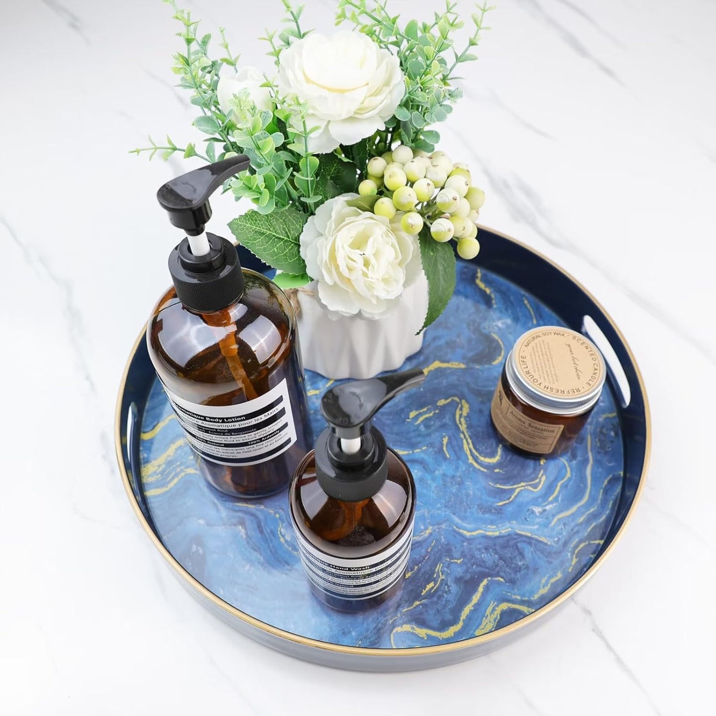 Round Blue Marbling Decorative Tray with Handles, 13" Morden Plastic Serving Tray for Coffee Table, Bathroom, Ottoman, Home Decor