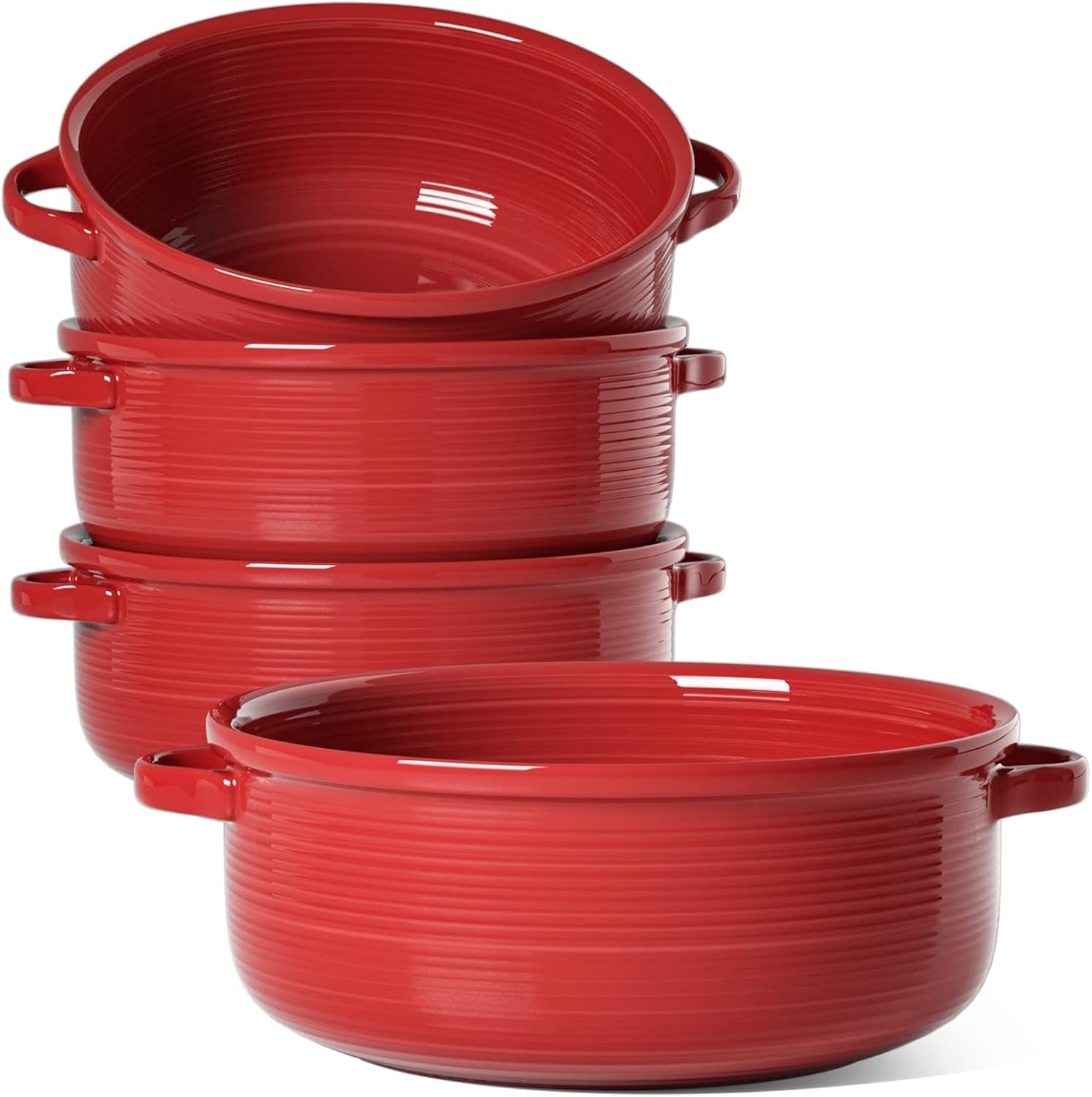 Soup Bowls with Handles – 28oz Ceramic French Onion Soup Bowls, Stackable Set of 4, Oven & Microwave Safe, Red, White