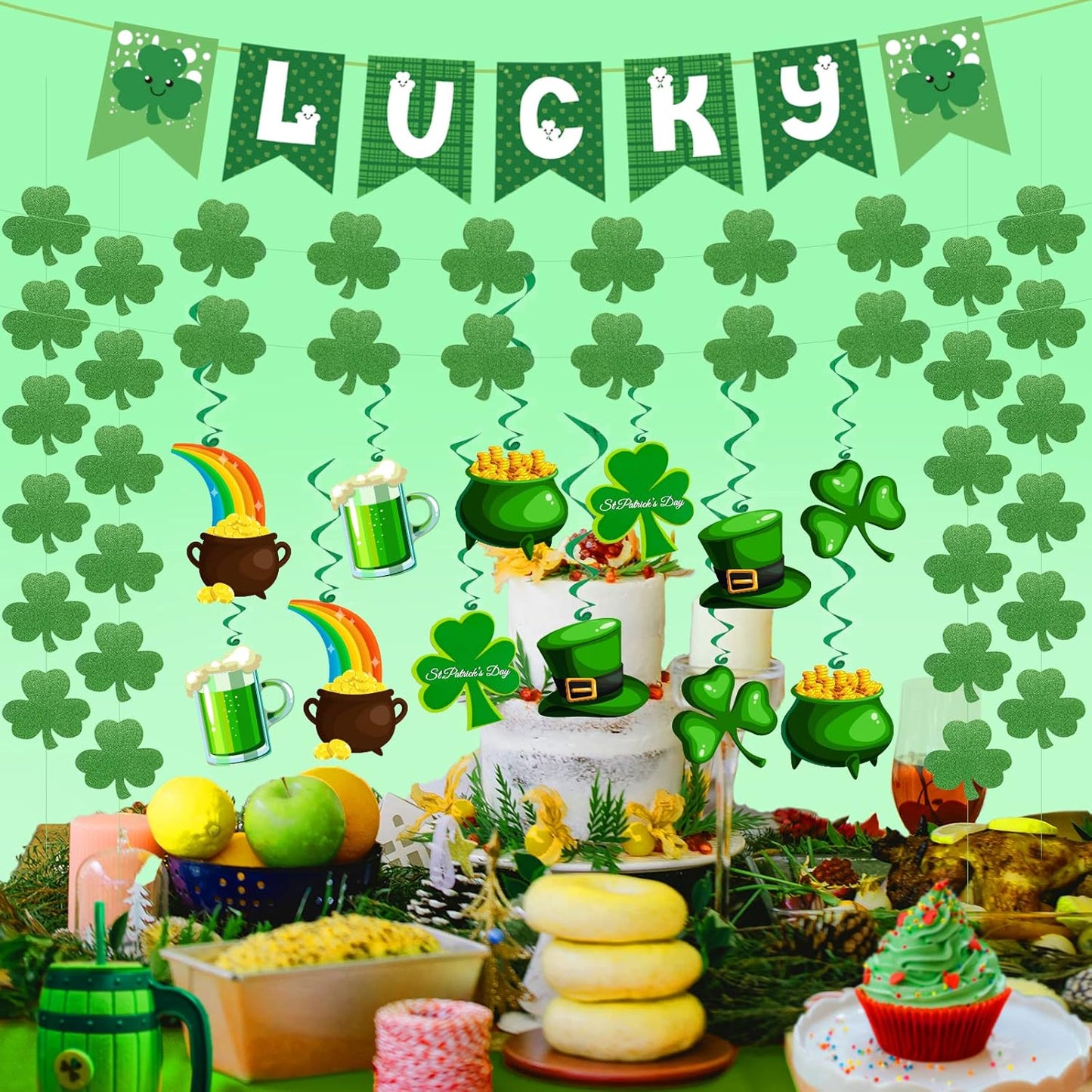 31 Pcs St. Patrick’s Day Decorations – Pre-Assembled Shamrock Lucky Banner, Clover Garlands & Hanging Swirls