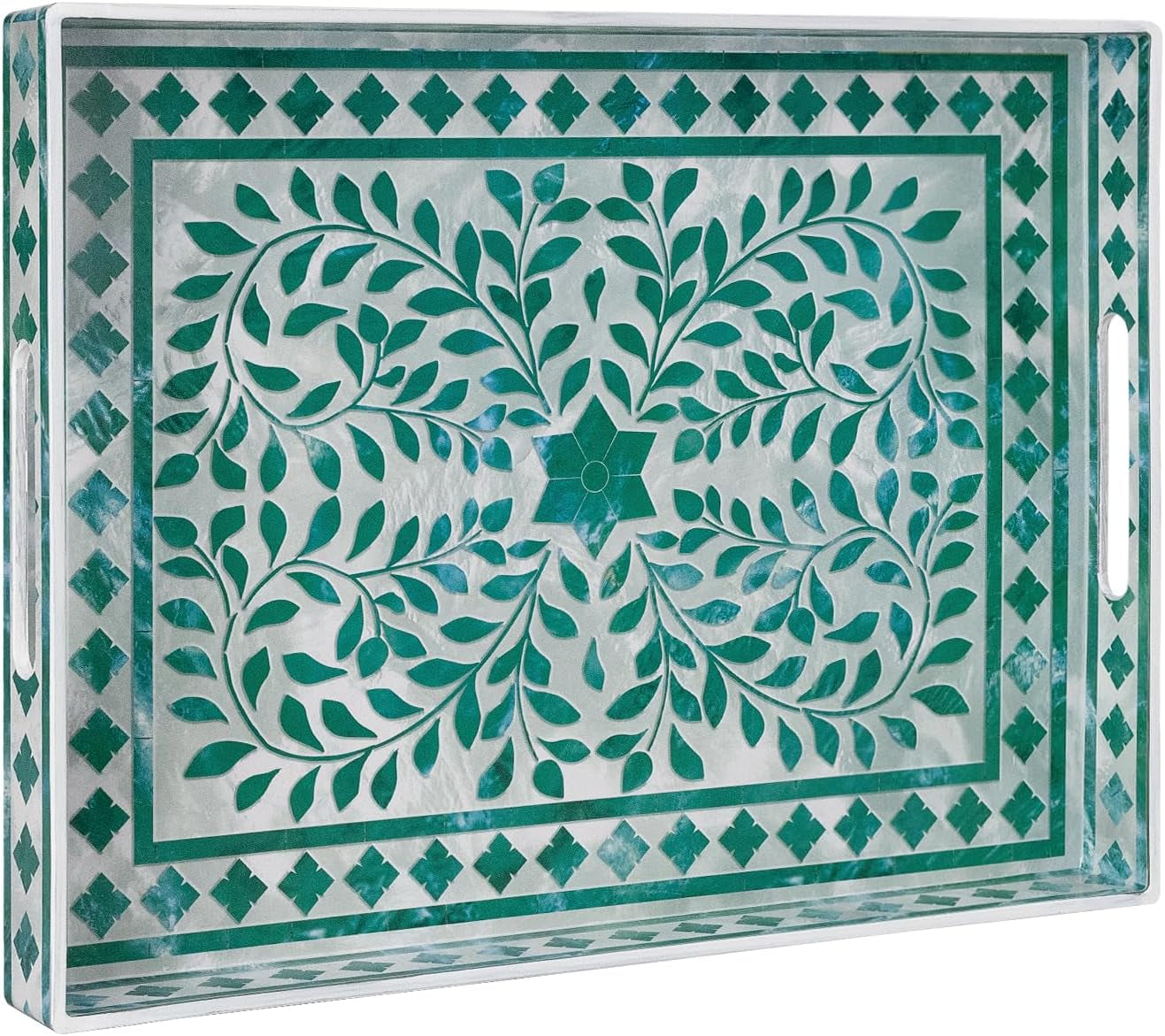 Plastic Decorative Tray, Marbling Tray with Handles, Rectangular Coffee Table Tray, Serving Tray for Ottoman, Bathroom, Kitchen, 15.7” X 11.8”, White