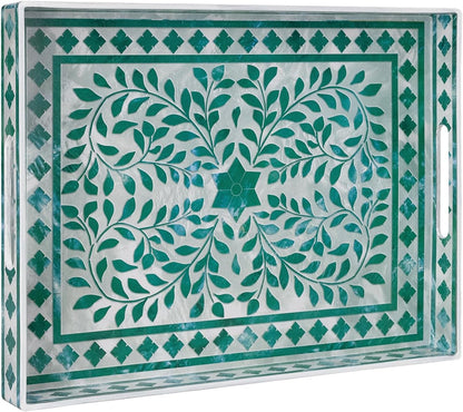 Plastic Decorative Tray, Marbling Tray with Handles, Rectangular Coffee Table Tray, Serving Tray for Ottoman, Bathroom, Kitchen, 15.7” X 11.8”, White