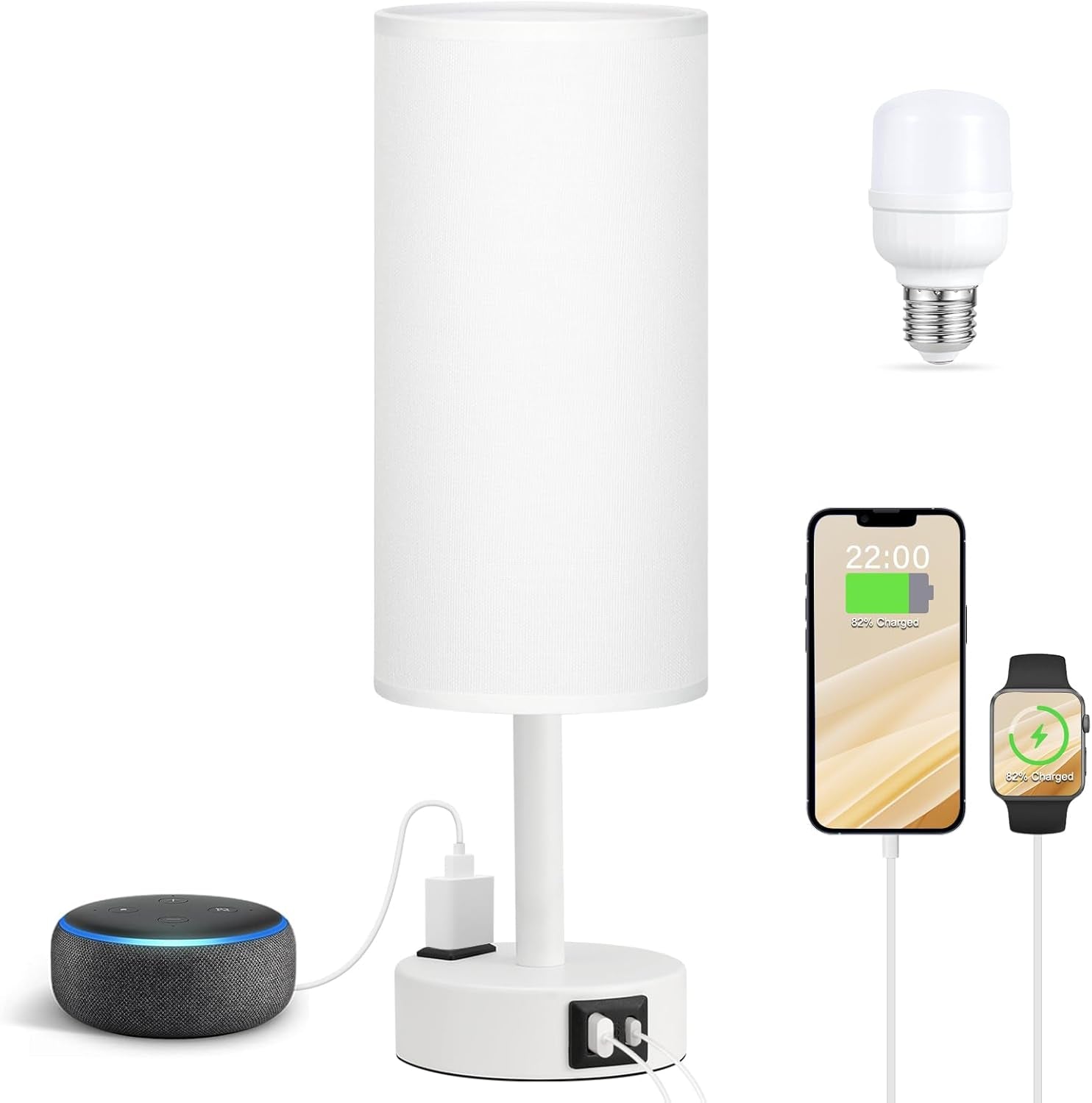 3-Way Dimmable Touch Lamp with USB C Ports & AC Outlet, LED Bulb Included | Different Colors 