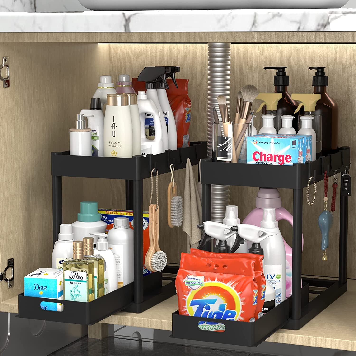 Maximize Your Space! 🏡✨ 2-Tier Under Sink Organizer – Sliding Storage Rack for Kitchen & Bathroom!