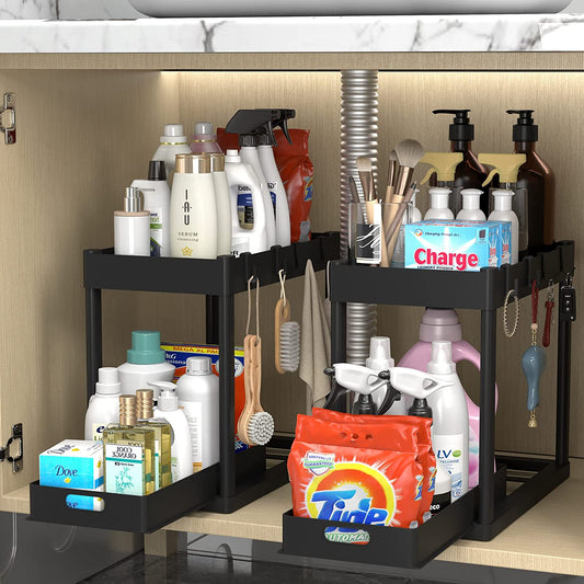 Maximize Your Space! 🏡✨ 2-Tier Under Sink Organizer – Sliding Storage Rack for Kitchen & Bathroom!