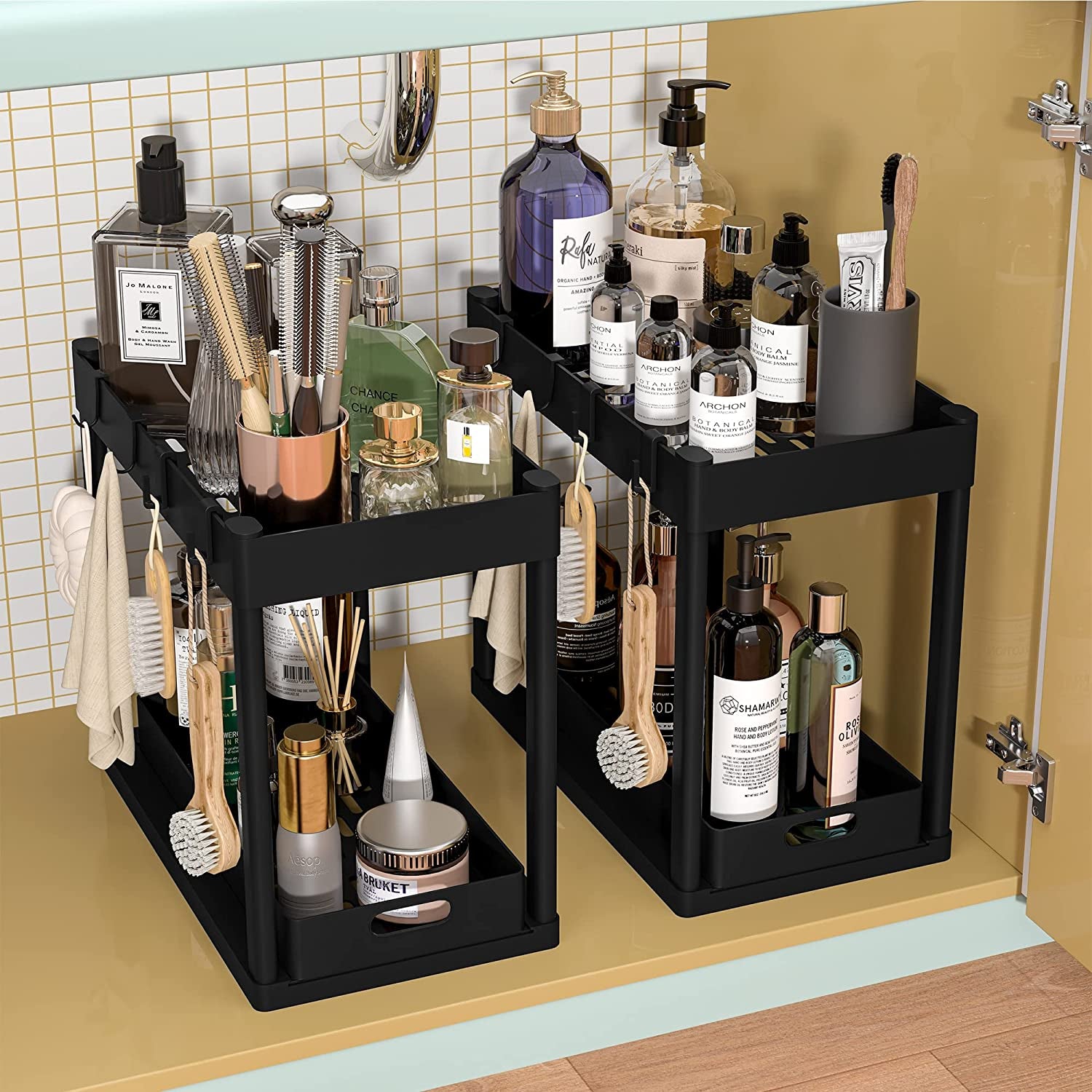 Maximize Your Space! 🏡✨ 2-Tier Under Sink Organizer – Sliding Storage Rack for Kitchen & Bathroom!
