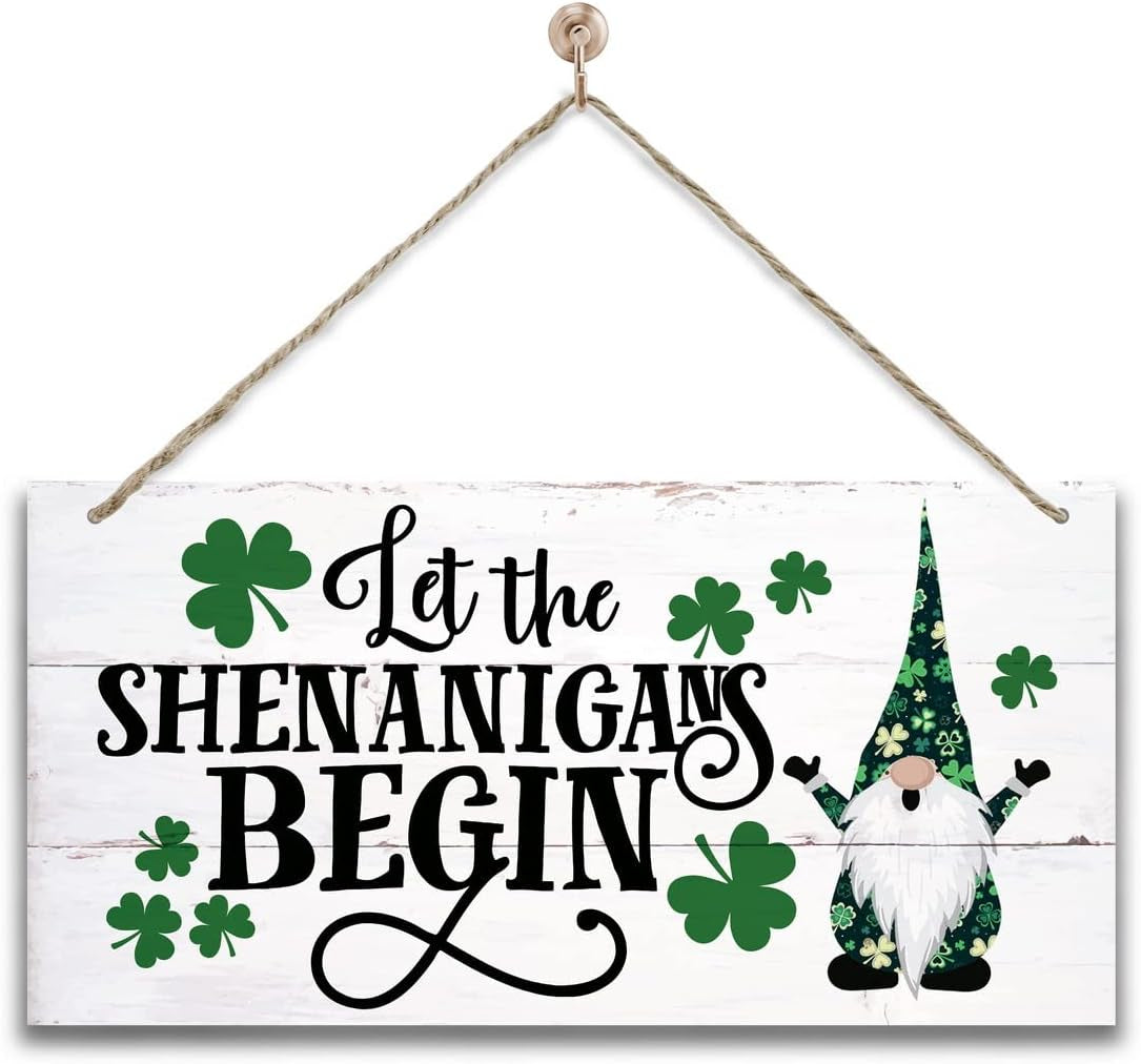 Hanging St. Patricks Day Gnome Wood Decor Sign, Let the Shenanigans Begin Printed Wood Wall Art Sign, Irish Home Signs Decor, Hanging Door Wood Sign, St Patricks Day Decor, Rustic Farmhouse Decor