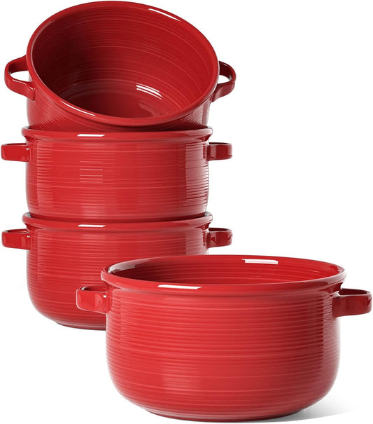 Soup Bowls with Handles – 28oz Ceramic French Onion Soup Bowls, Stackable Set of 4, Oven & Microwave Safe, Red, White