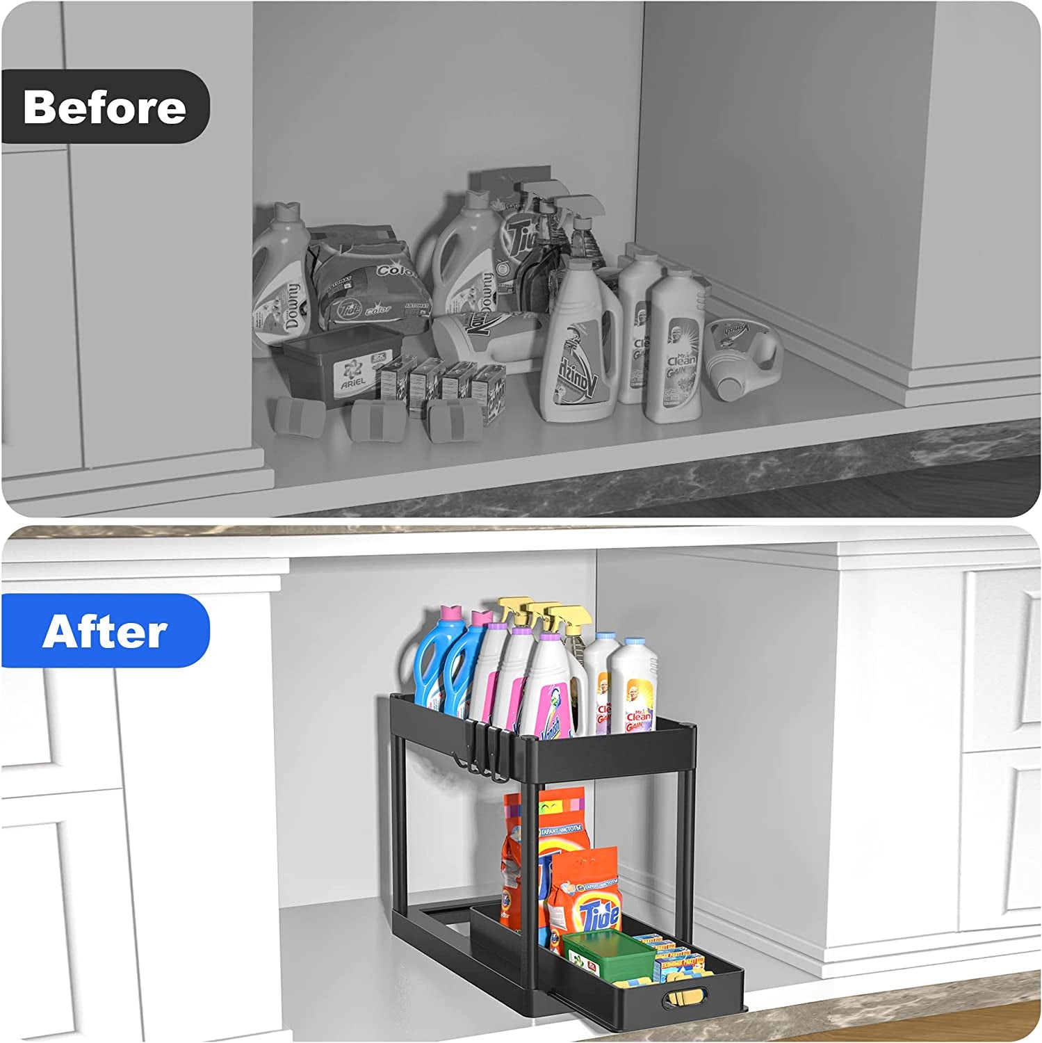 Maximize Your Space! 🏡✨ 2-Tier Under Sink Organizer – Sliding Storage Rack for Kitchen & Bathroom!