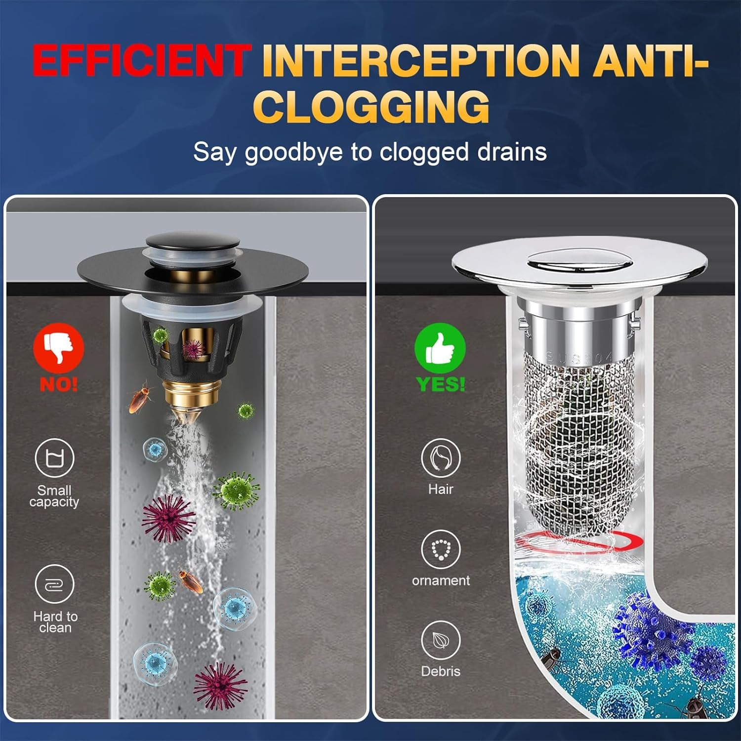 Pop-Up Bathroom Sink Drain Strainer – 2-Pack Stainless Steel Sink Stopper with Hair Catcher & Removable Filter
