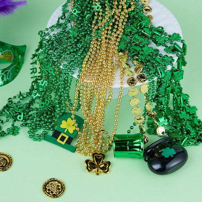 24 Pcs St. Patrick'S Day Necklaces Set with Shamrock Beer Mug Hat Pot Gold Coin Elements, Green Plastic Bead Necklace Jewelry for St. Patricks Dress up Accessories Costume Party Decorations