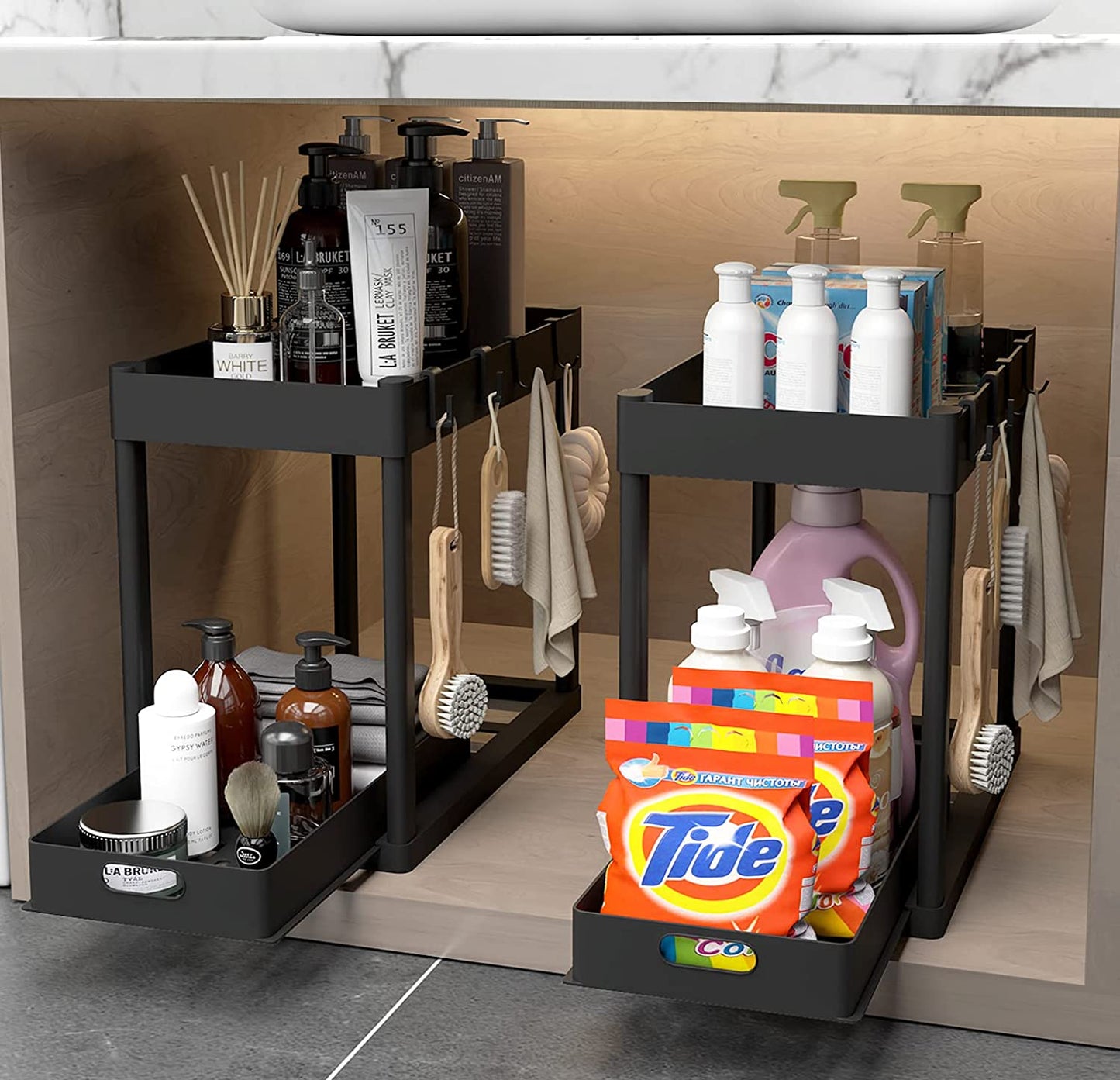 Maximize Your Space! 🏡✨ 2-Tier Under Sink Organizer – Sliding Storage Rack for Kitchen & Bathroom!