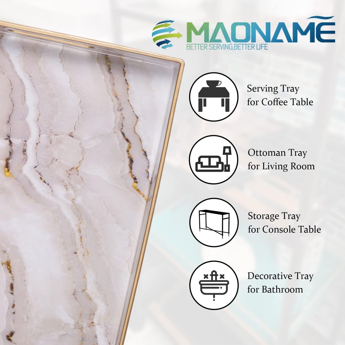 Plastic Decorative Tray, Marbling Tray with Handles, Rectangular Coffee Table Tray, Serving Tray for Ottoman, Bathroom, Kitchen, 15.7” X 11.8”, White