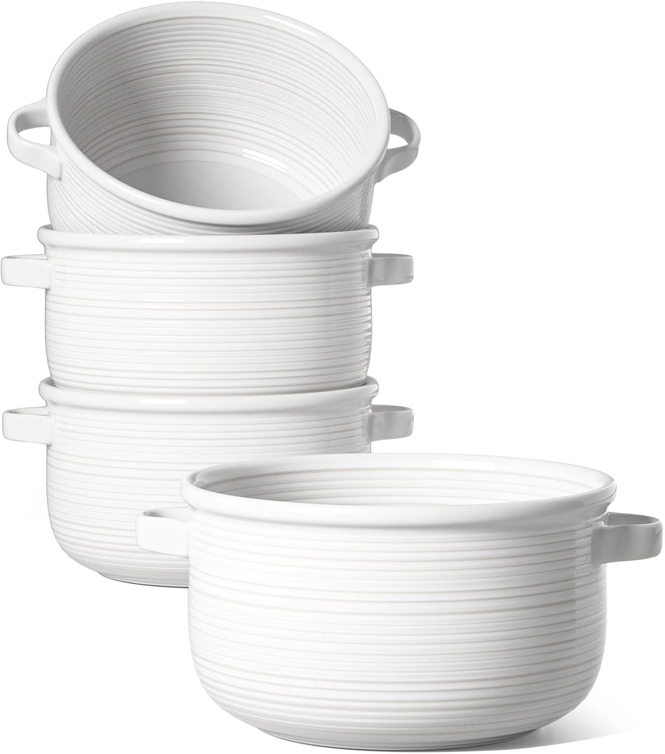Soup Bowls with Handles – 28oz Ceramic French Onion Soup Bowls, Stackable Set of 4, Oven & Microwave Safe, Red, White