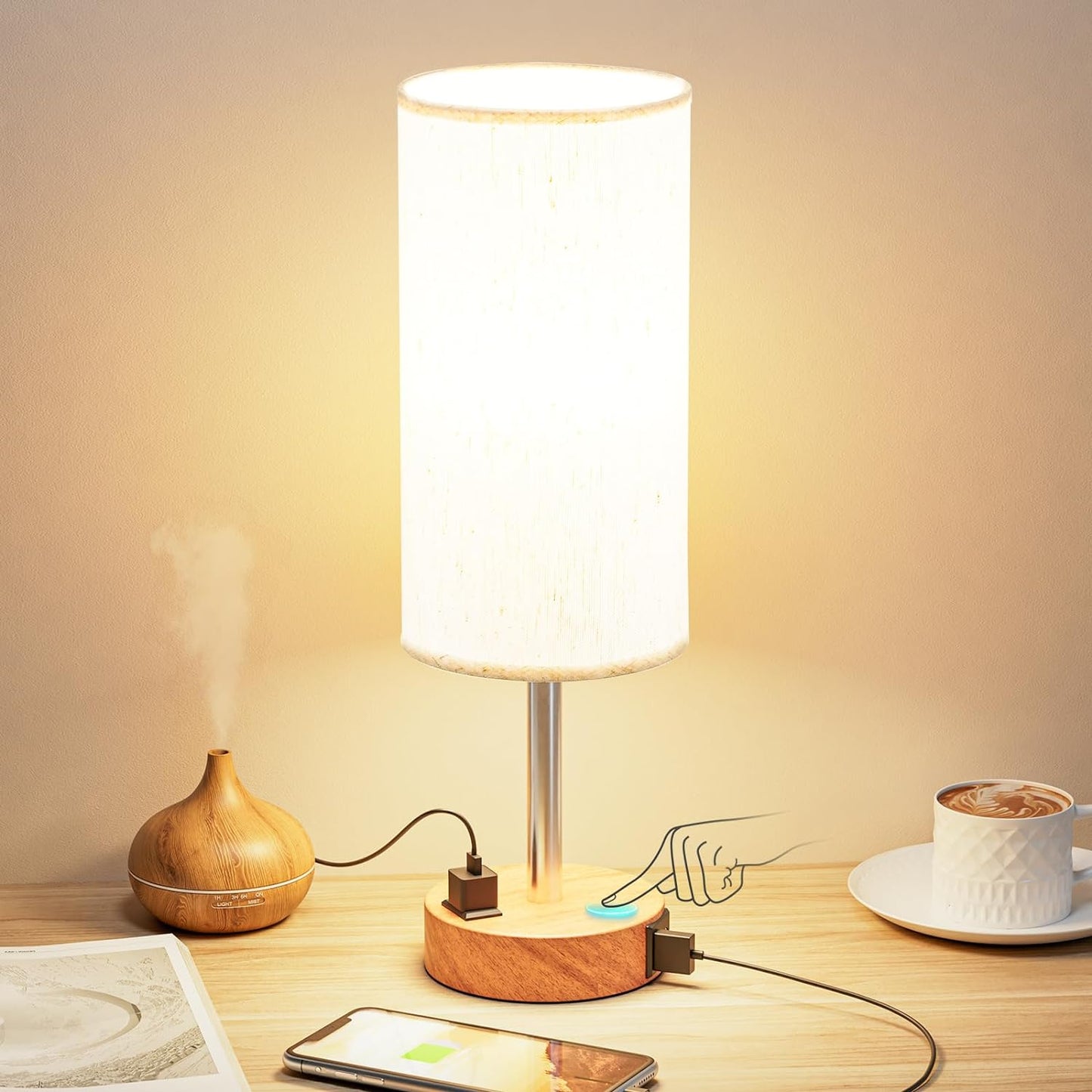 3-Way Dimmable Touch Lamp with USB C Ports & AC Outlet, LED Bulb Included | Different Colors 