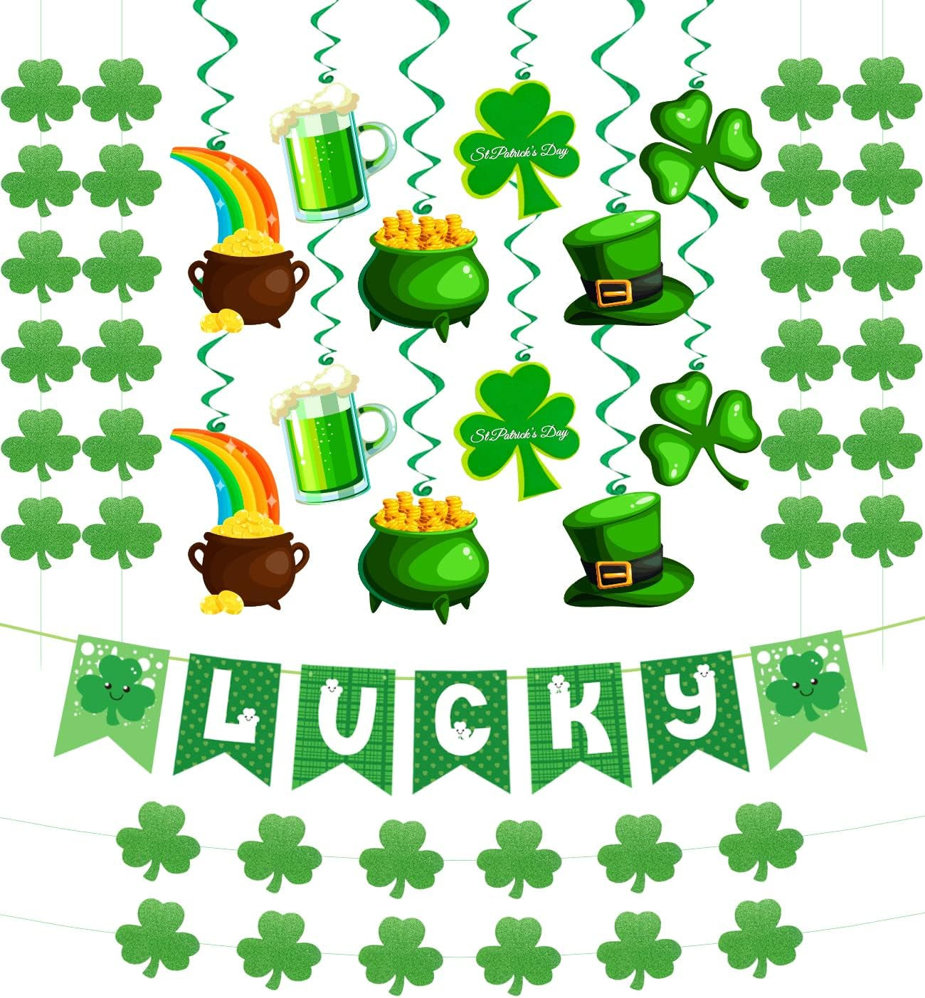 31 Pcs St. Patrick’s Day Decorations – Pre-Assembled Shamrock Lucky Banner, Clover Garlands & Hanging Swirls