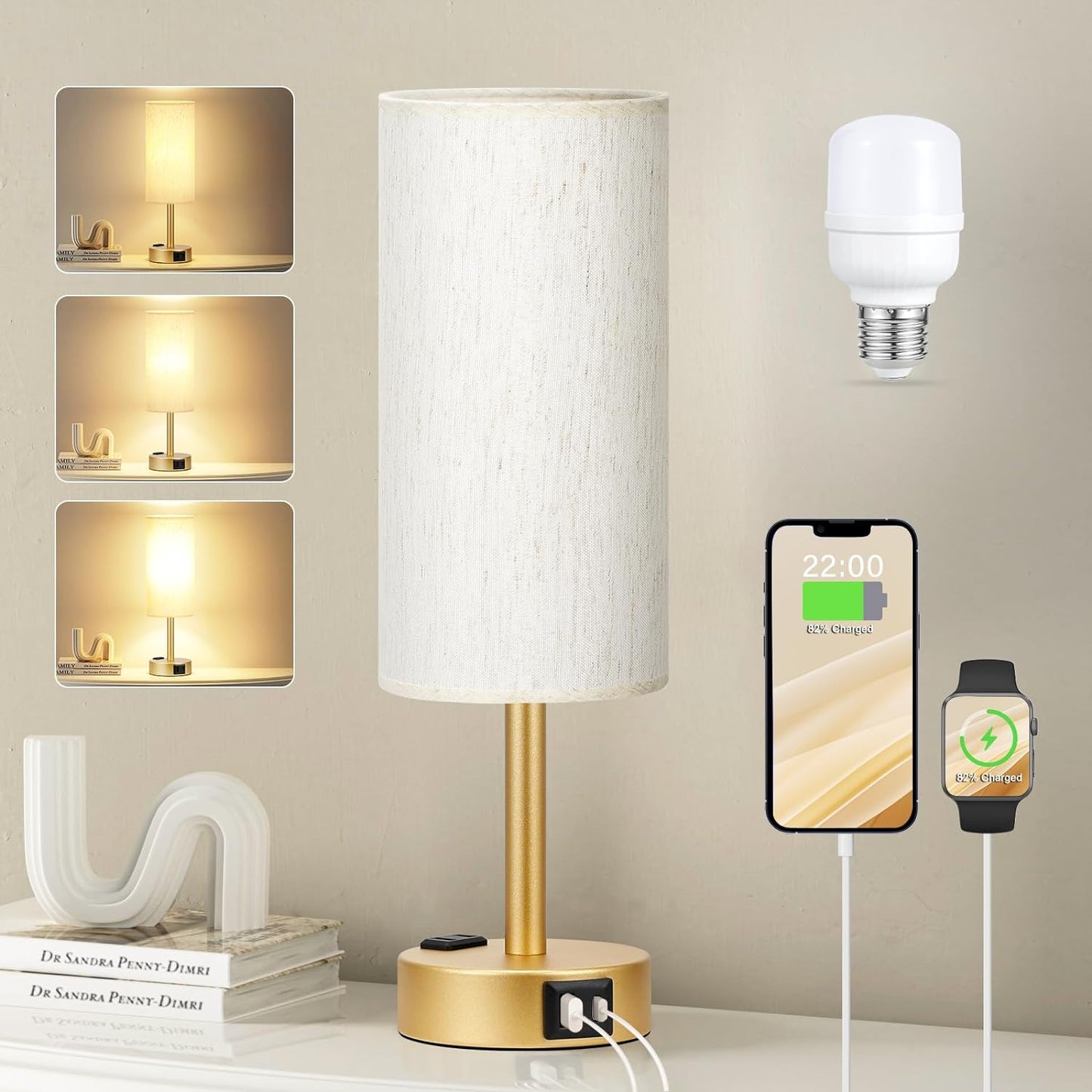 3-Way Dimmable Touch Lamp with USB C Ports & AC Outlet, LED Bulb Included | Different Colors 