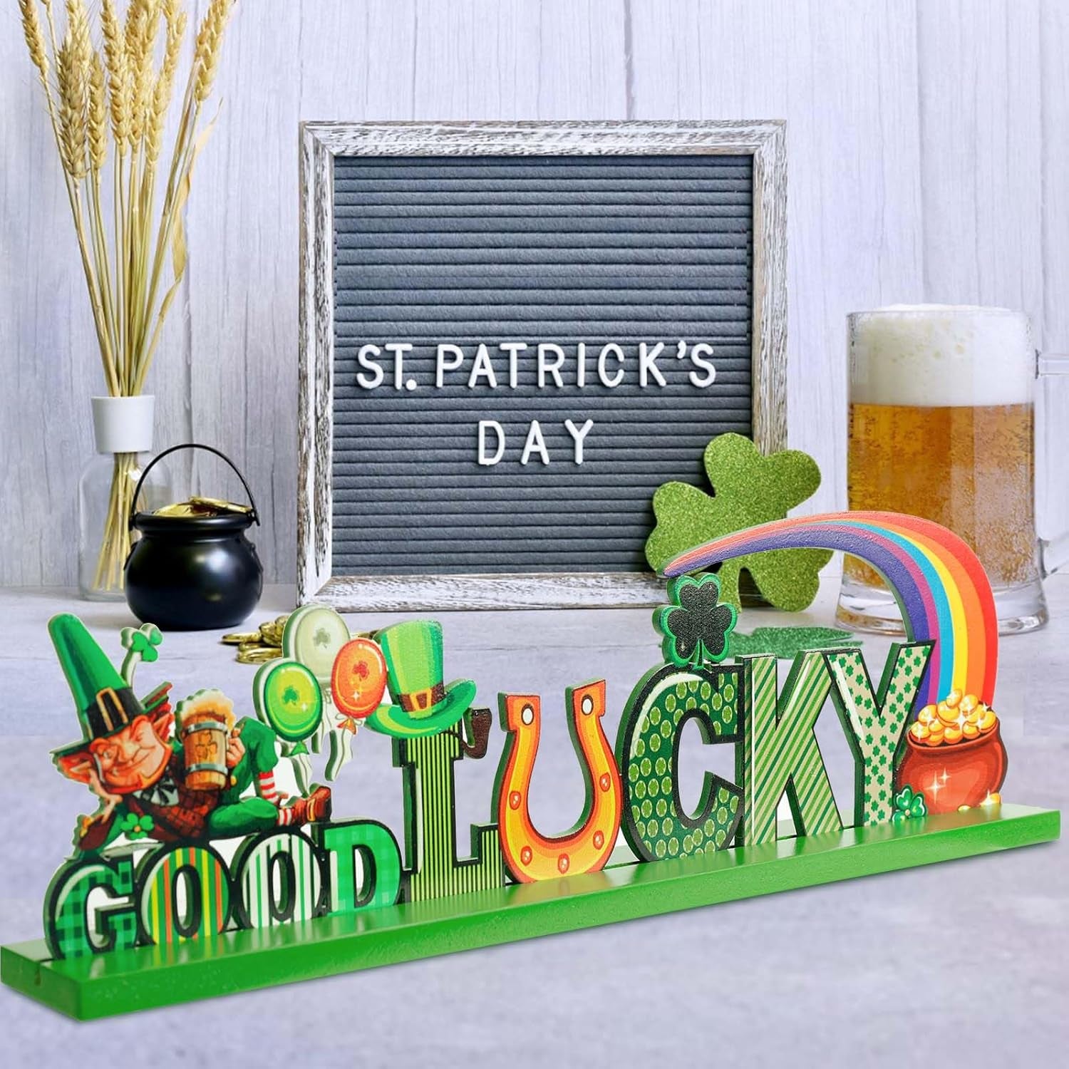 St Patricks Day Wood Sign Decor, 3PCS Irish Themed Table Centerpiece Decoration, Small