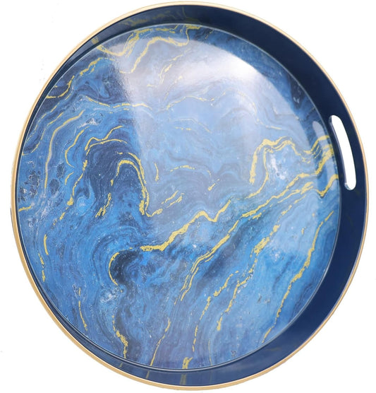 Round Blue Marbling Decorative Tray with Handles, 13" Morden Plastic Serving Tray for Coffee Table, Bathroom, Ottoman, Home Decor