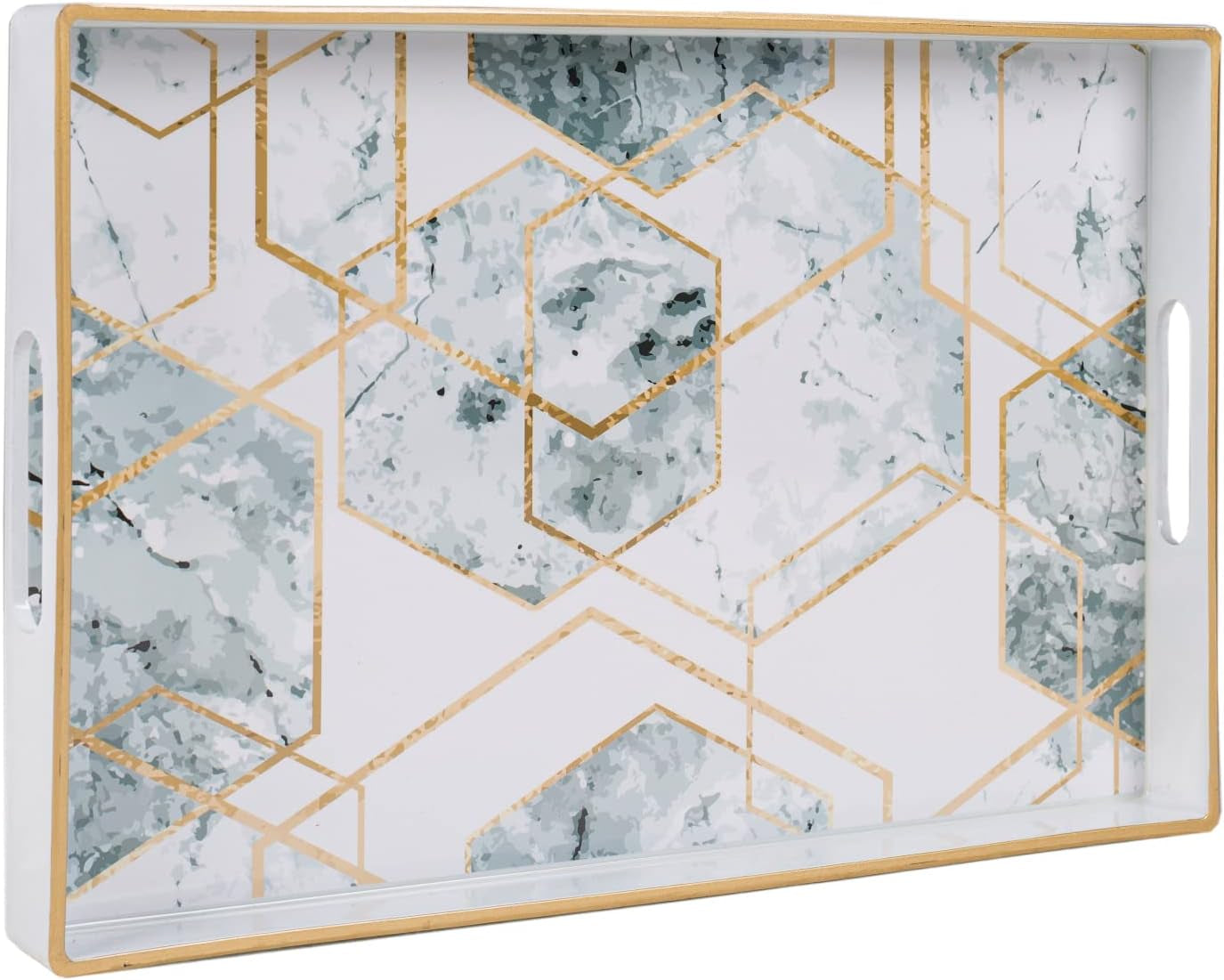 Plastic Decorative Tray, Marbling Tray with Handles, Rectangular Coffee Table Tray, Serving Tray for Ottoman, Bathroom, Kitchen, 15.7” X 11.8”, White