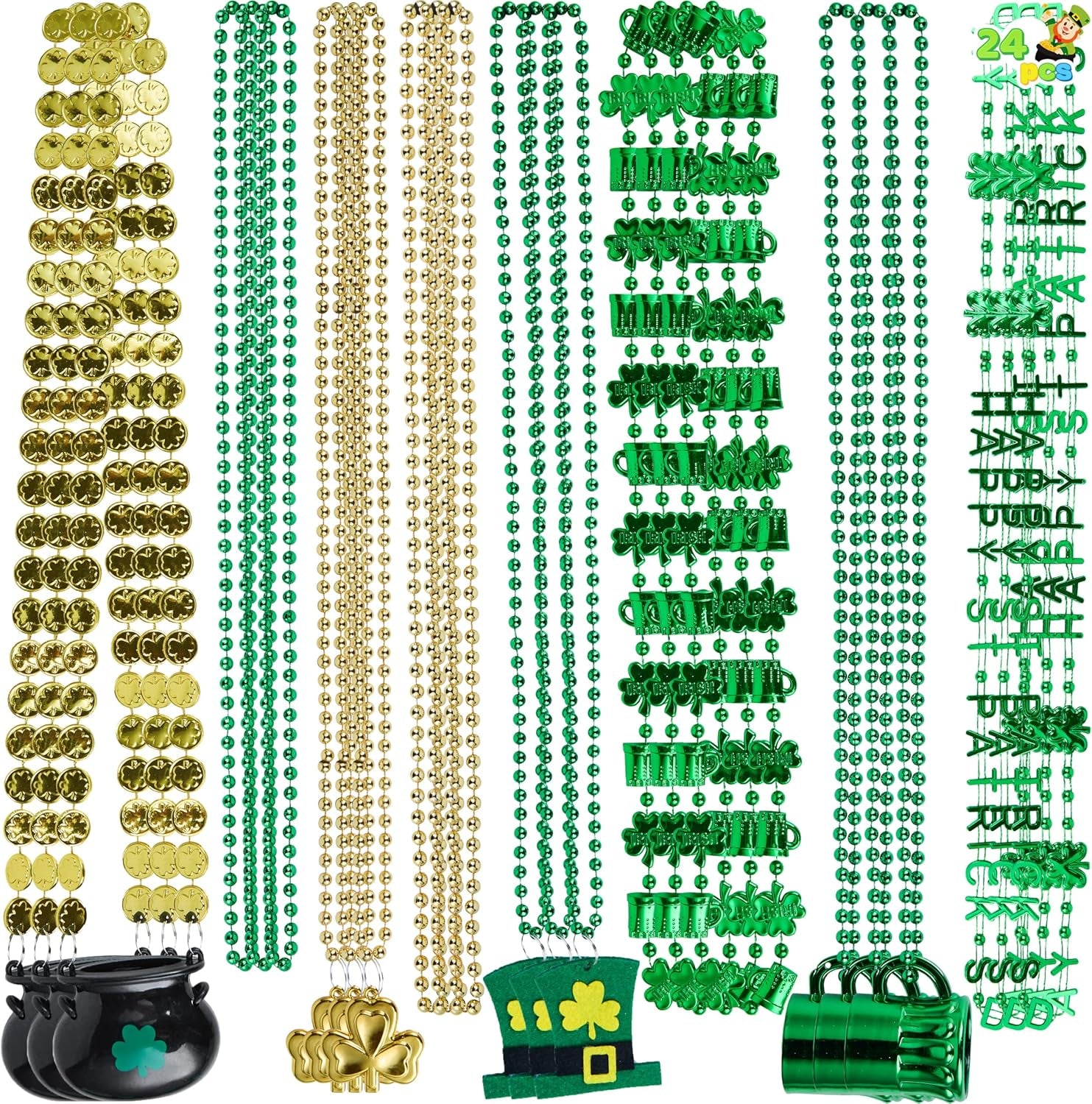 24 Pcs St. Patrick'S Day Necklaces Set with Shamrock Beer Mug Hat Pot Gold Coin Elements, Green Plastic Bead Necklace Jewelry for St. Patricks Dress up Accessories Costume Party Decorations