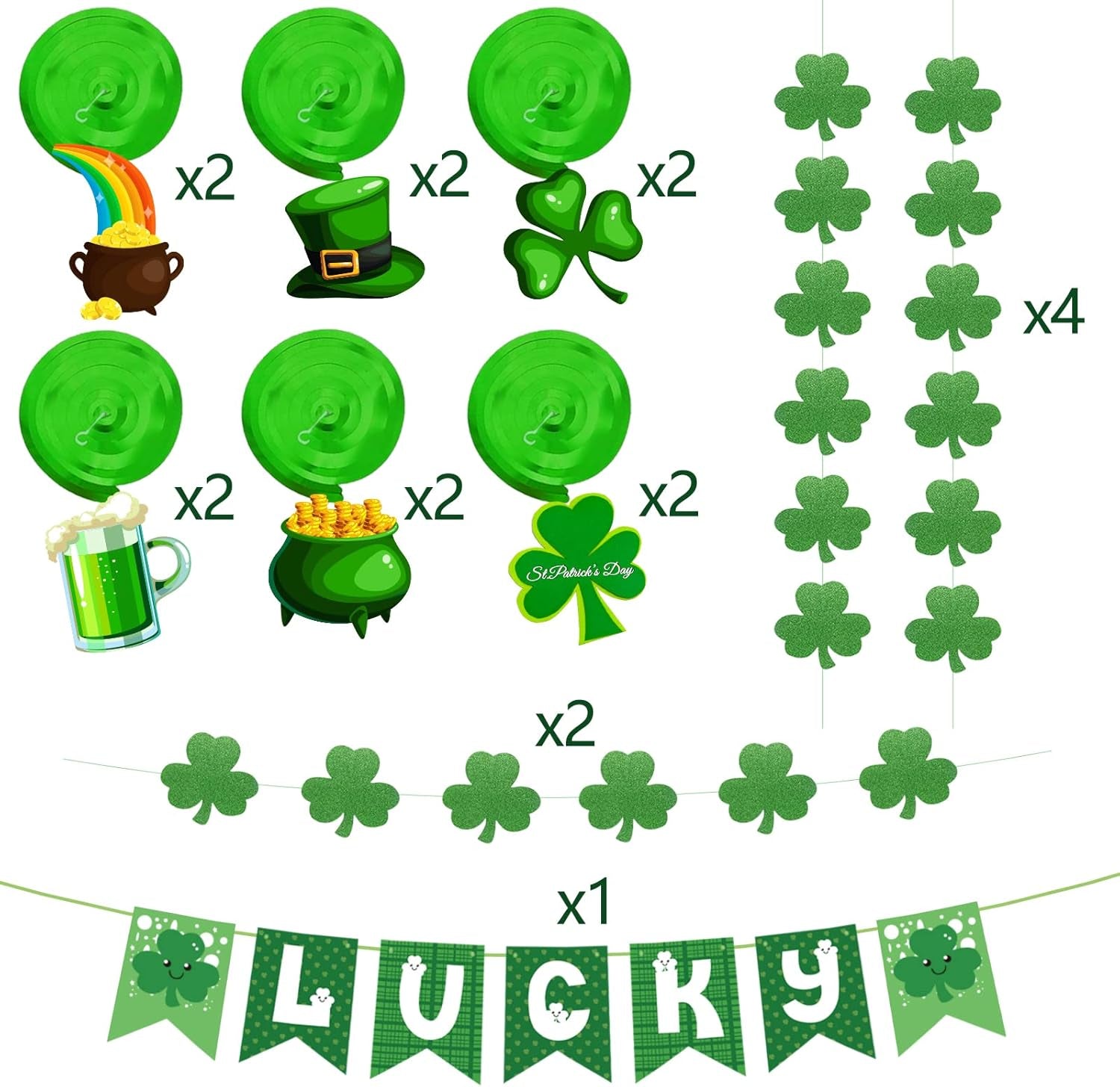 31 Pcs St. Patrick’s Day Decorations – Pre-Assembled Shamrock Lucky Banner, Clover Garlands & Hanging Swirls