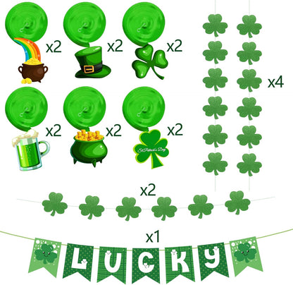 31 Pcs St. Patrick’s Day Decorations – Pre-Assembled Shamrock Lucky Banner, Clover Garlands & Hanging Swirls