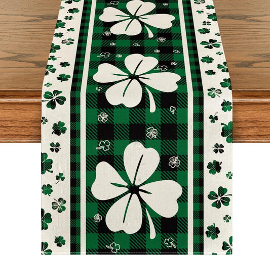 Green Clover Buffalo Plaid St. Patrick’s Day Table Runner – 13x72 Inch Seasonal Dining & Kitchen Decoration