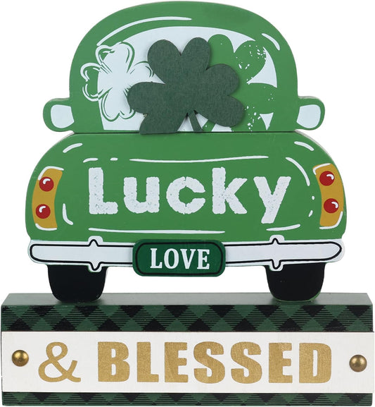 St. Patrick’s Day 3-Layered Wood Green Truck Decor – Shamrock Ornaments & "Lucky & BLESSED" Sign for Home, Table, Mantel