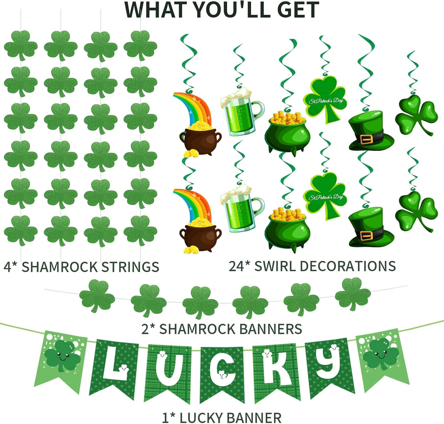 31 Pcs St. Patrick’s Day Decorations – Pre-Assembled Shamrock Lucky Banner, Clover Garlands & Hanging Swirls