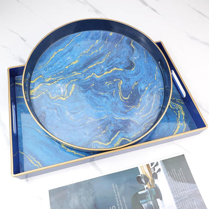 Round Blue Marbling Decorative Tray with Handles, 13" Morden Plastic Serving Tray for Coffee Table, Bathroom, Ottoman, Home Decor