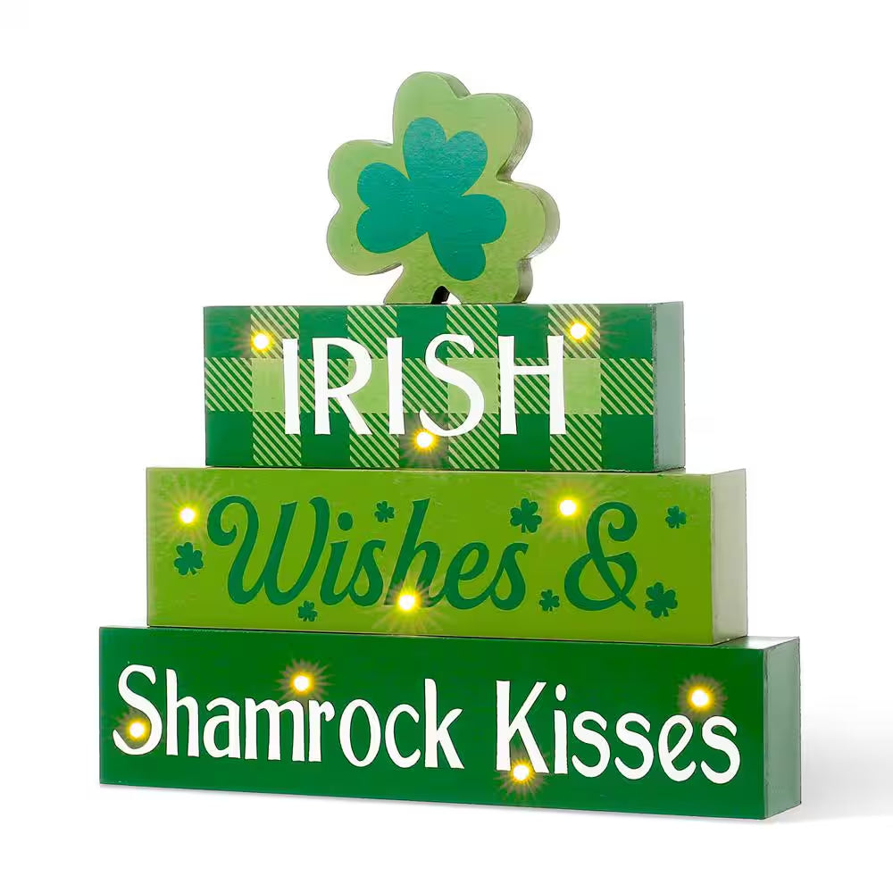 🍀 Lighted St. Patrick’s Day Wooden Block Table Sign – Brighten Your Irish Celebration! 🍀